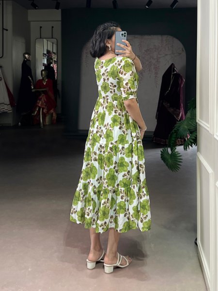 Parrot Green Designer Floral Silk Frock with Micro Crepe Lining Wholesale Rate Cotton Kurtis Wholesale