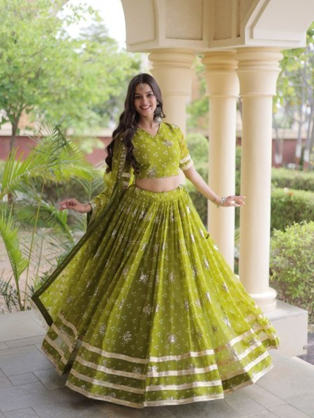 Parrot Green Faux Georgette Bandhej Print Navratri Lehenga Choli with Dupatta 