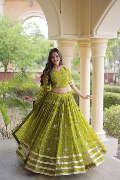 Parrot Green Faux Georgette Bandhej Print Navratri Lehenga Choli with Dupatta Navratri Lehnega Choli