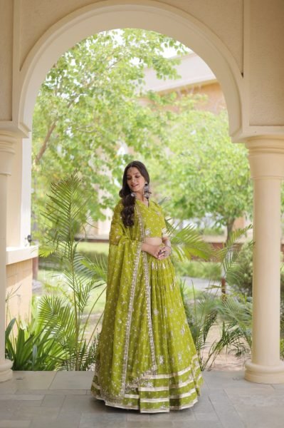 Parrot Green Faux Georgette Bandhej Print Navratri Lehenga Choli with Dupatta Navratri Lehnega Choli