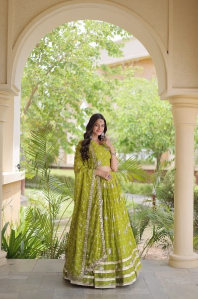 Parrot Green Faux Georgette Bandhej Print Navratri Lehenga Choli with Dupatta Navratri Lehnega Choli