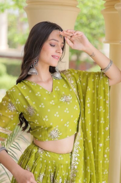 Parrot Green Faux Georgette Bandhej Print Navratri Lehenga Choli with Dupatta Navratri Lehnega Choli