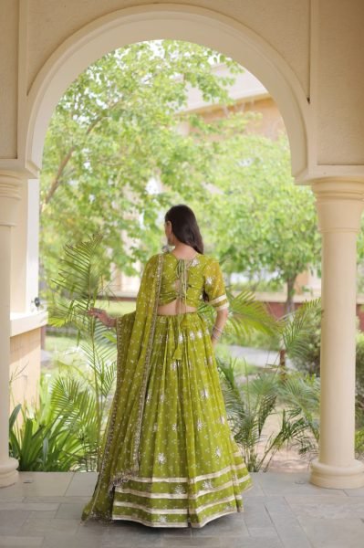Parrot Green Faux Georgette Bandhej Print Navratri Lehenga Choli with Dupatta Navratri Lehnega Choli