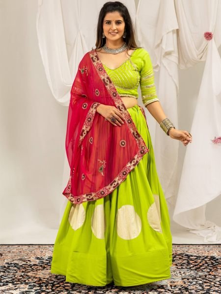 Parrot Green Festive Wear Rayon Lehenga Choli with Vintage Embroidered Dupatta 