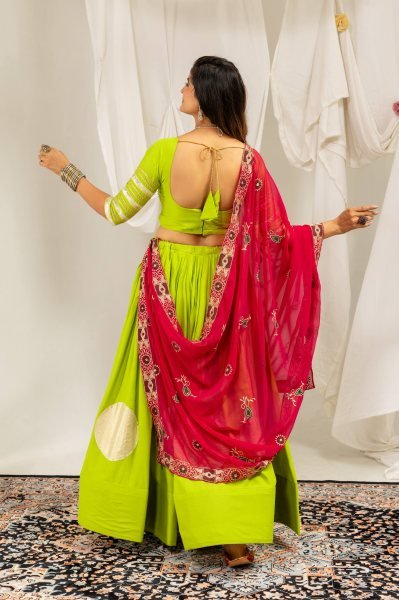 Parrot Green Festive Wear Rayon Lehenga Choli with Vintage Embroidered Dupatta Navratri Lehnega Choli