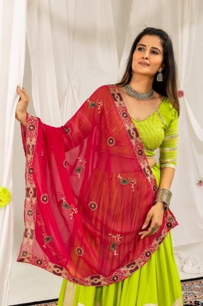 Parrot Green Festive Wear Rayon Lehenga Choli with Vintage Embroidered Dupatta Navratri Lehnega Choli