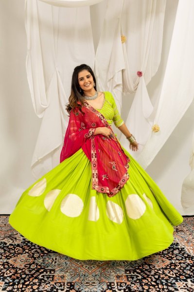Parrot Green Festive Wear Rayon Lehenga Choli with Vintage Embroidered Dupatta Navratri Lehnega Choli