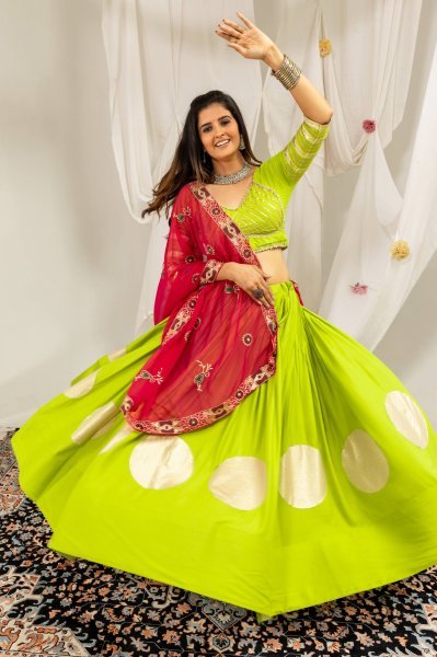 Parrot Green Festive Wear Rayon Lehenga Choli with Vintage Embroidered Dupatta Navratri Lehnega Choli