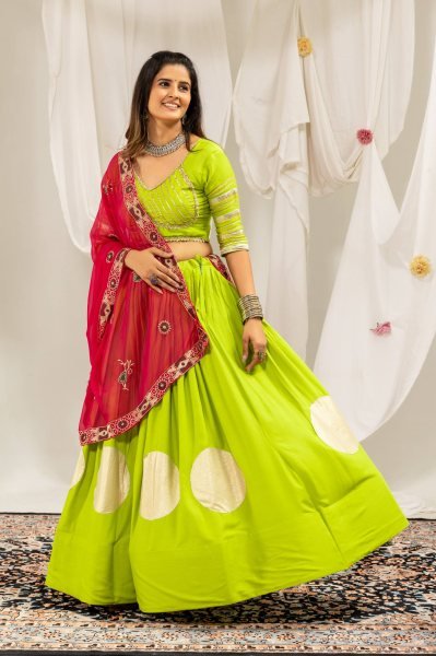 Parrot Green Festive Wear Rayon Lehenga Choli with Vintage Embroidered Dupatta Navratri Lehnega Choli