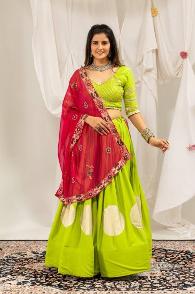 Parrot Green Festive Wear Rayon Lehenga Choli with Vintage Embroidered Dupatta Navratri Lehnega Choli