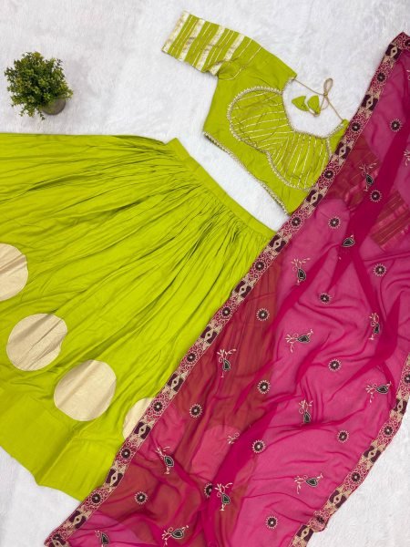 Parrot Green Festive Wear Rayon Lehenga Choli with Vintage Embroidered Dupatta Navratri Lehnega Choli