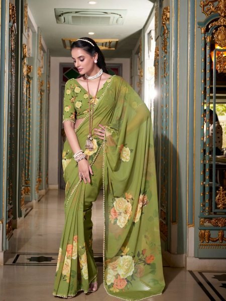 parrot green floral georgette saree with pearl lace   printed blouse ethnic charm redefined Georgette Sarees Wholesale