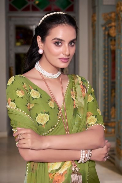 parrot green floral georgette saree with pearl lace   printed blouse ethnic charm redefined Georgette Sarees Wholesale