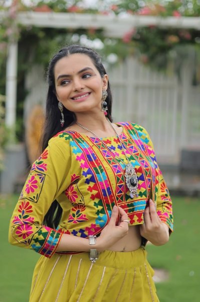 Parrot Green Kutchi Style Navratri Lehenga Choli with Gota Lace Navratri Lehnega Choli