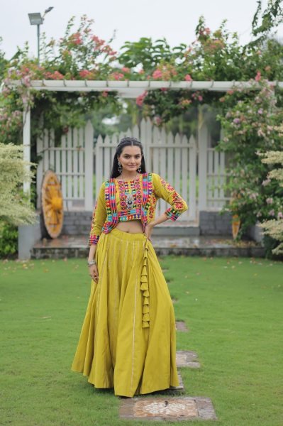 Parrot Green Kutchi Style Navratri Lehenga Choli with Gota Lace Navratri Lehnega Choli