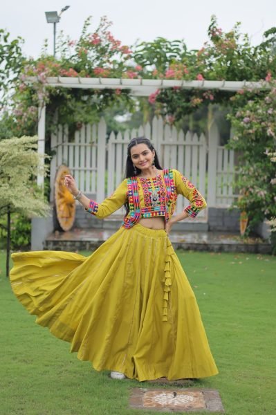 Parrot Green Kutchi Style Navratri Lehenga Choli with Gota Lace Navratri Lehnega Choli