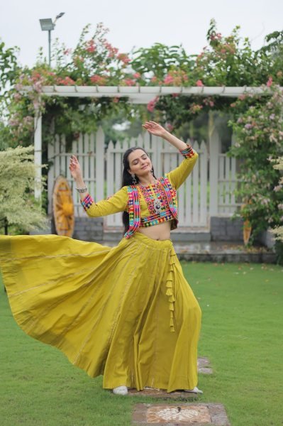 Parrot Green Kutchi Style Navratri Lehenga Choli with Gota Lace Navratri Lehnega Choli