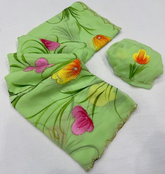 Parrot Green Pure Georgette Saree with Handbrush Floral Print and Khatli Work Printed Cotton Sarees Wholesale