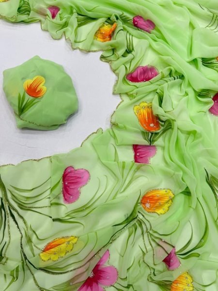 Parrot Green Pure Georgette Saree with Handbrush Floral Print and Khatli Work Printed Cotton Sarees Wholesale