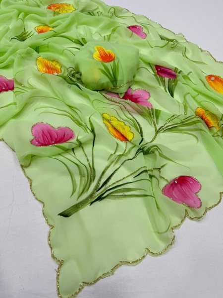 Parrot Green Pure Georgette Saree with Handbrush Floral Print and Khatli Work Printed Cotton Sarees Wholesale