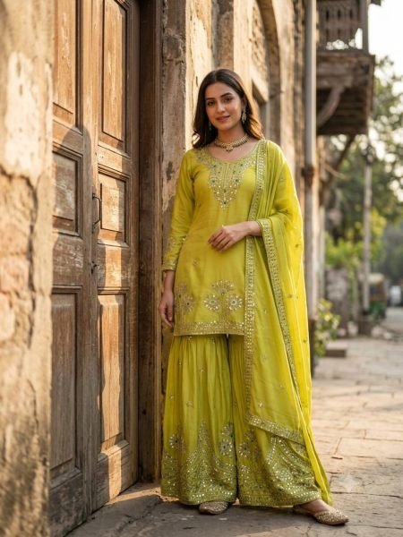 Parrot Green Sequin Embroidered Satin Silk Sharara with Matching Dupatta at Wholesale Rate 