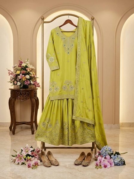 Parrot Green Sequin Embroidered Satin Silk Sharara with Matching Dupatta at Wholesale Rate Ready To Wear Collection