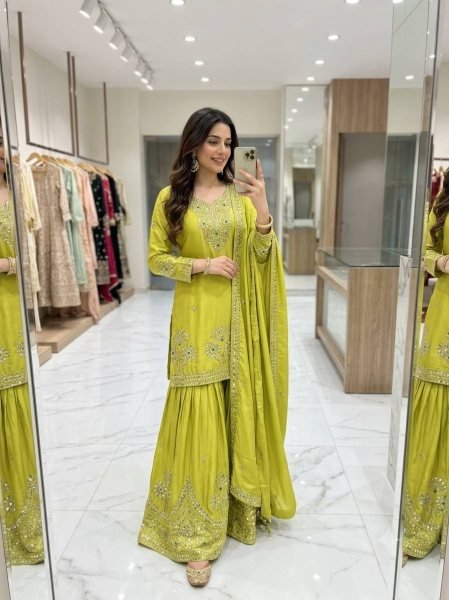 Parrot Green Sequin Embroidered Satin Silk Sharara with Matching Dupatta at Wholesale Rate Ready To Wear Collection