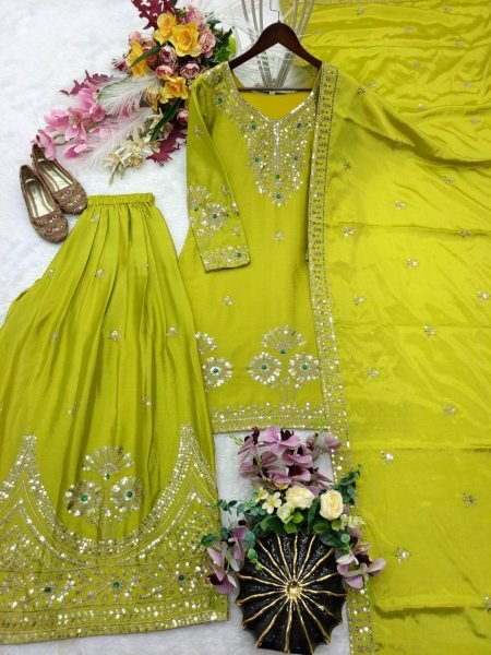 Parrot Green Sequin Embroidered Satin Silk Sharara with Matching Dupatta at Wholesale Rate Ready To Wear Collection
