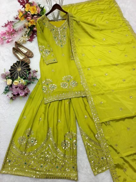 Parrot Green Sequin Embroidered Satin Silk Sharara with Matching Dupatta at Wholesale Rate Ready To Wear Collection