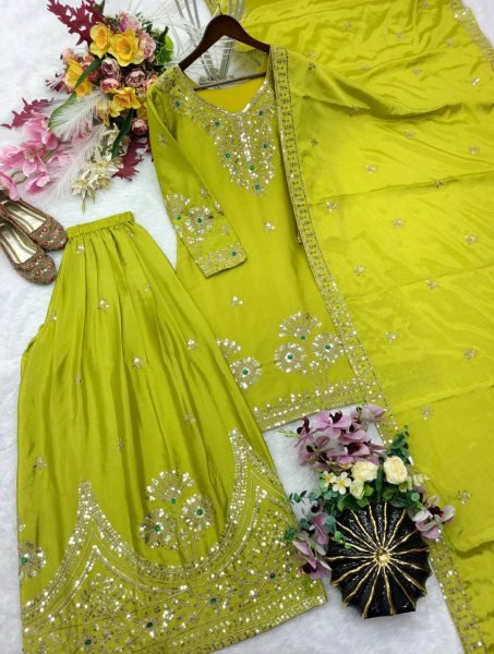Parrot Green Sequin Embroidered Satin Silk Sharara with Matching Dupatta at Wholesale Rate Ready To Wear Collection