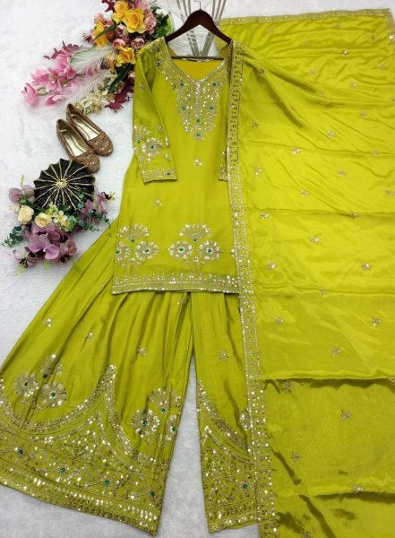Parrot Green Sequin Embroidered Satin Silk Sharara with Matching Dupatta at Wholesale Rate Ready To Wear Collection
