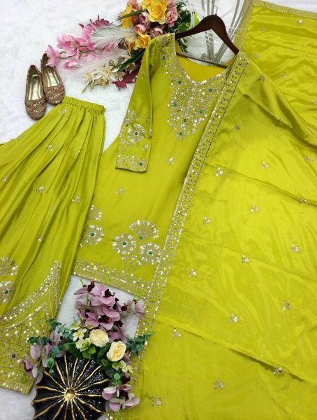 Parrot Green Sequin Embroidered Satin Silk Sharara with Matching Dupatta at Wholesale Rate Ready To Wear Collection