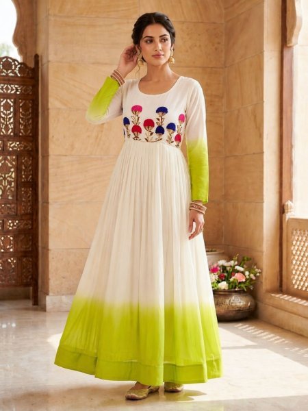 Parrot Green Star Georgette Embroidered Gown with Wool Thread Work for Women 