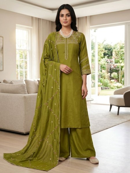 Stunning Parrot Green Teal Viscose Embroidered Kurti Palazzo Dupatta Set Kurtis