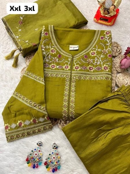 Stunning Parrot Green Teal Viscose Embroidered Kurti Palazzo Dupatta Set Embroidery Kurtis 