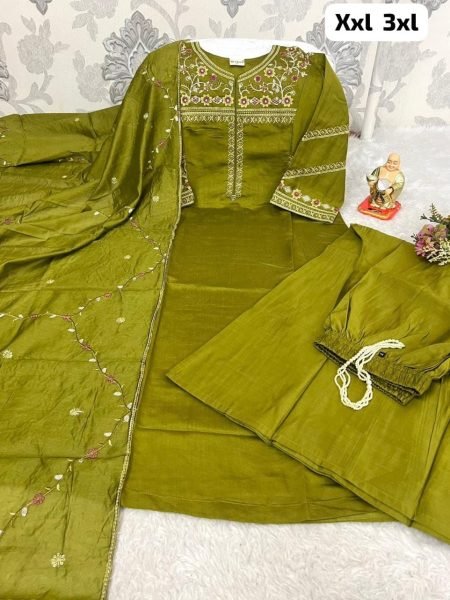 Stunning Parrot Green Teal Viscose Embroidered Kurti Palazzo Dupatta Set Embroidery Kurtis 