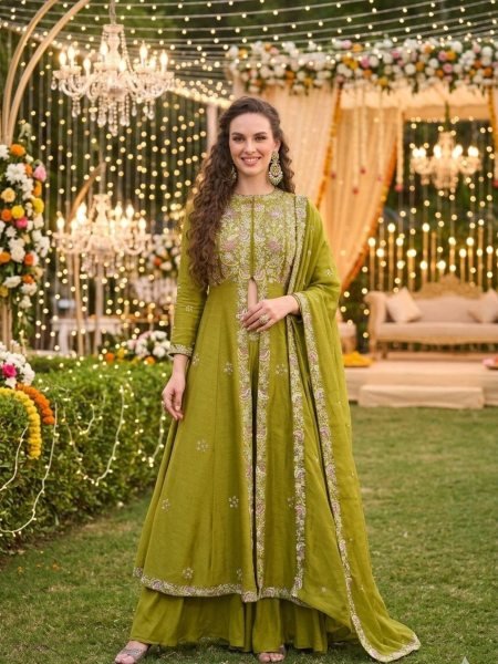 Parrot Green Women s Real Silk Palazzo Suit with Designer Heavy Embroidery Work Salwar Kameez