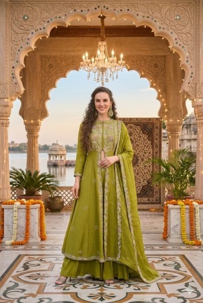 Parrot Green Women s Real Silk Palazzo Suit with Designer Heavy Embroidery Work Designer Plazzo Salwar Suits Wholesale