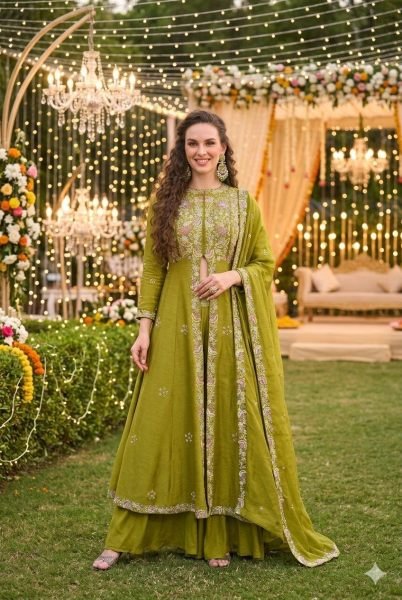 Parrot Green Women s Real Silk Palazzo Suit with Designer Heavy Embroidery Work Designer Plazzo Salwar Suits Wholesale