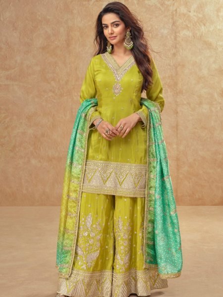 Parrot Soft Silk Men s Kurta with White Thread Embroidery and Multi Sequins Work Salwar Kameez