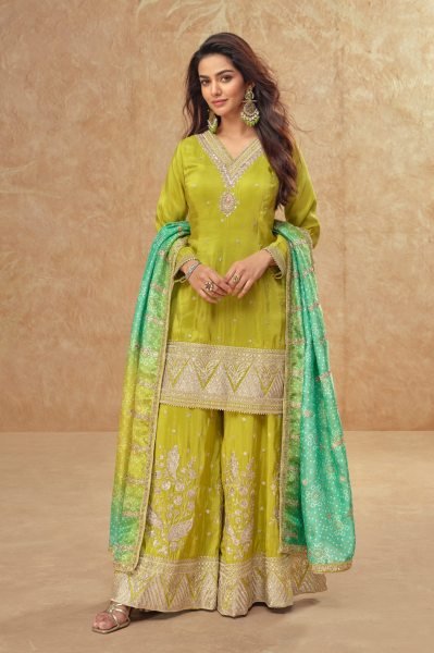 Parrot Soft Silk Men s Kurta with White Thread Embroidery and Multi Sequins Work Designer Plazzo Salwar Suits Wholesale