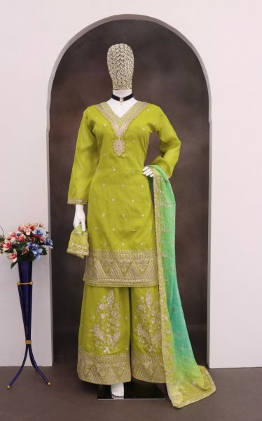 Parrot Soft Silk Men s Kurta with White Thread Embroidery and Multi Sequins Work Designer Plazzo Salwar Suits Wholesale
