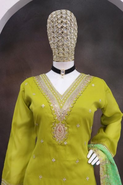 Parrot Soft Silk Men s Kurta with White Thread Embroidery and Multi Sequins Work Designer Plazzo Salwar Suits Wholesale