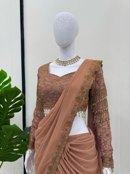 Party Ready Lehenga Saree In Faux Georgette With Embroidery New Launch Best Price Ready To Wear Saree 