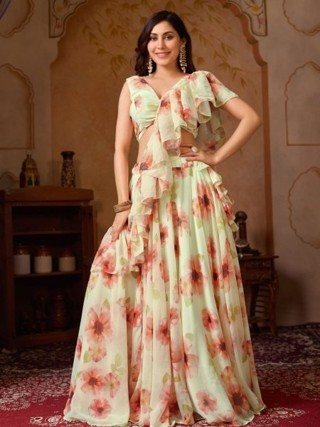  Party Wear Cream Georgette Designer Lehenga Choli Floral Print And Layered Ruffles  Lehenga