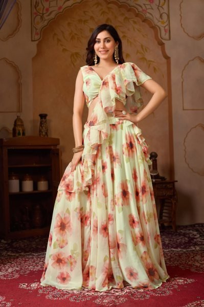  Party Wear Cream Georgette Designer Lehenga Choli Floral Print And Layered Ruffles Designer Lehenga Choli