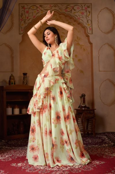  Party Wear Cream Georgette Designer Lehenga Choli Floral Print And Layered Ruffles Designer Lehenga Choli