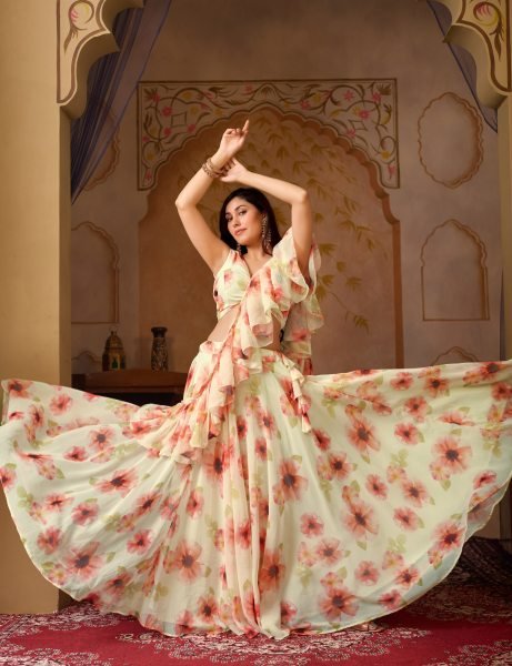  Party Wear Cream Georgette Designer Lehenga Choli Floral Print And Layered Ruffles Designer Lehenga Choli