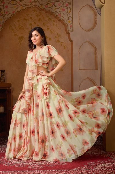  Party Wear Cream Georgette Designer Lehenga Choli Floral Print And Layered Ruffles Designer Lehenga Choli