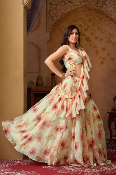  Party Wear Cream Georgette Designer Lehenga Choli Floral Print And Layered Ruffles Designer Lehenga Choli